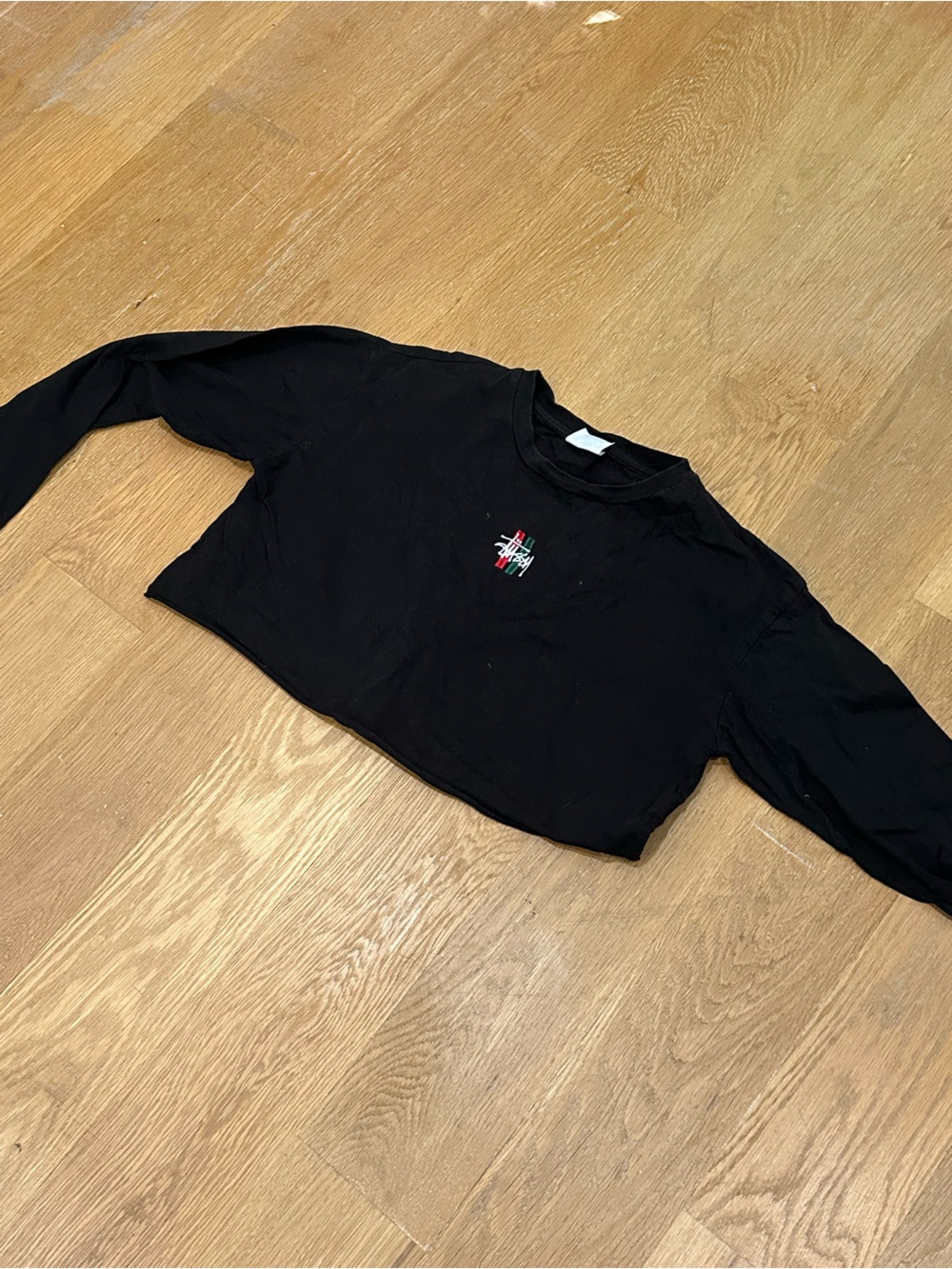 Stussy Black Long Sleeve Cropped Tee with Small Multicolor Logo